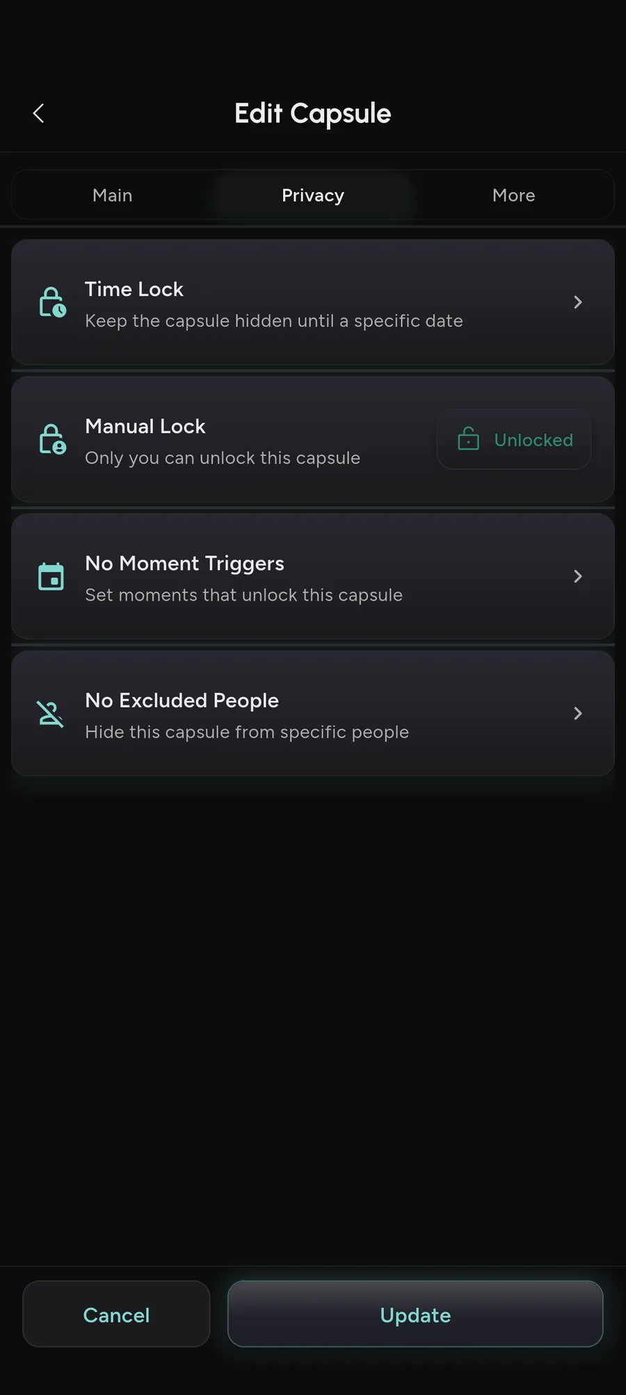 Choosing a Date Lock, Moment Lock, Location Lock or Manual Lock for a capsule
