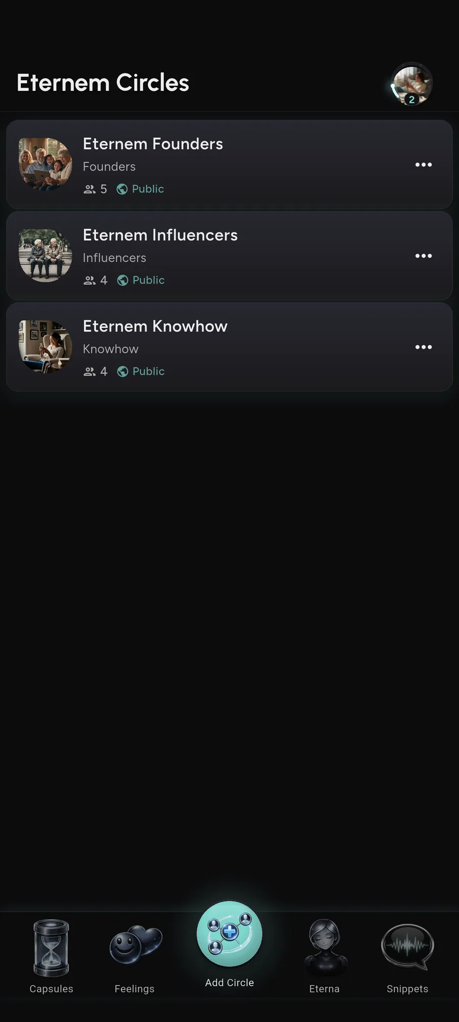 Eternem Circles screen for private family and friend groups