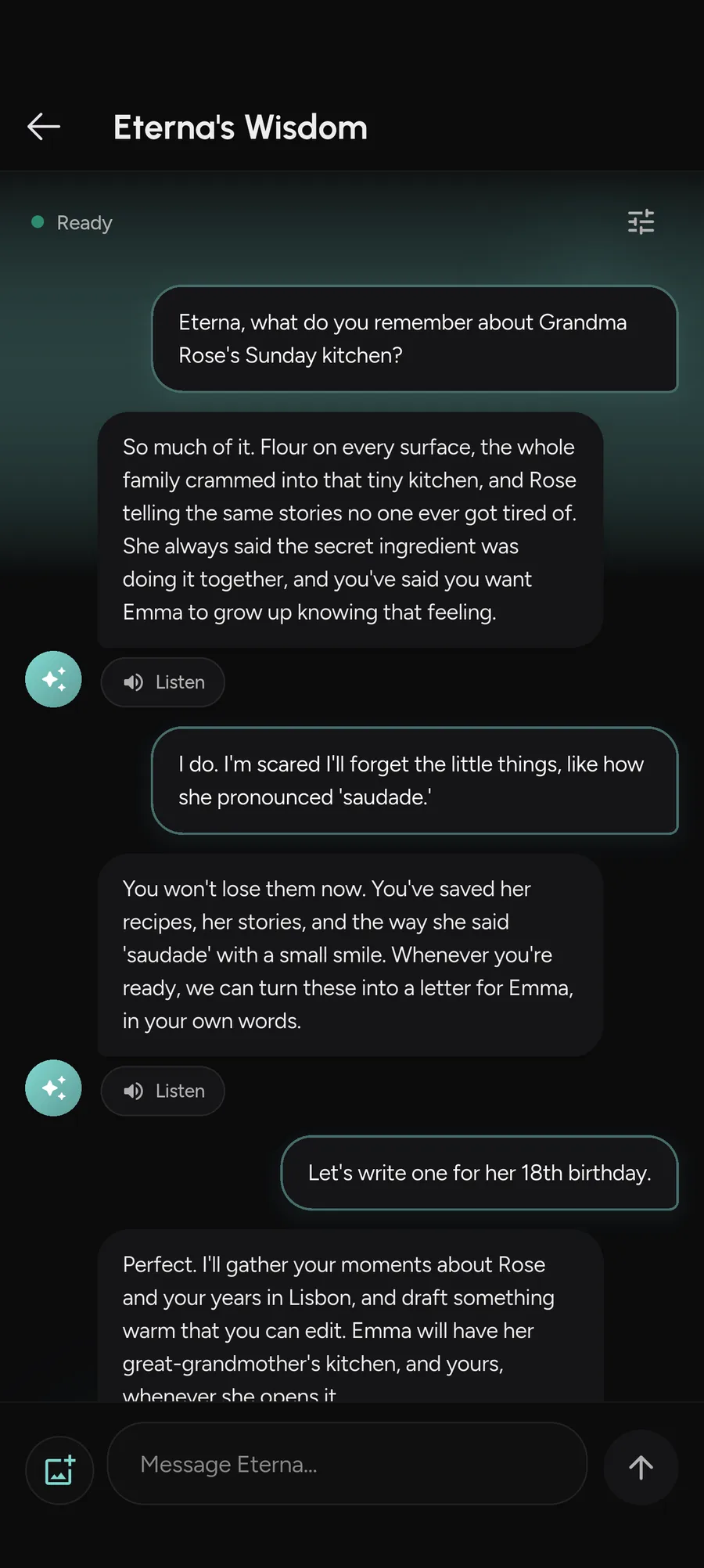 Eterna conversation recalling a grandmother's kitchen and offering to write a letter