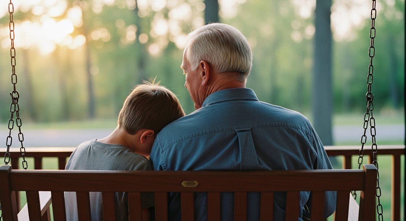 A grandfather and grandson on a porch swing at golden hour, seen from behind