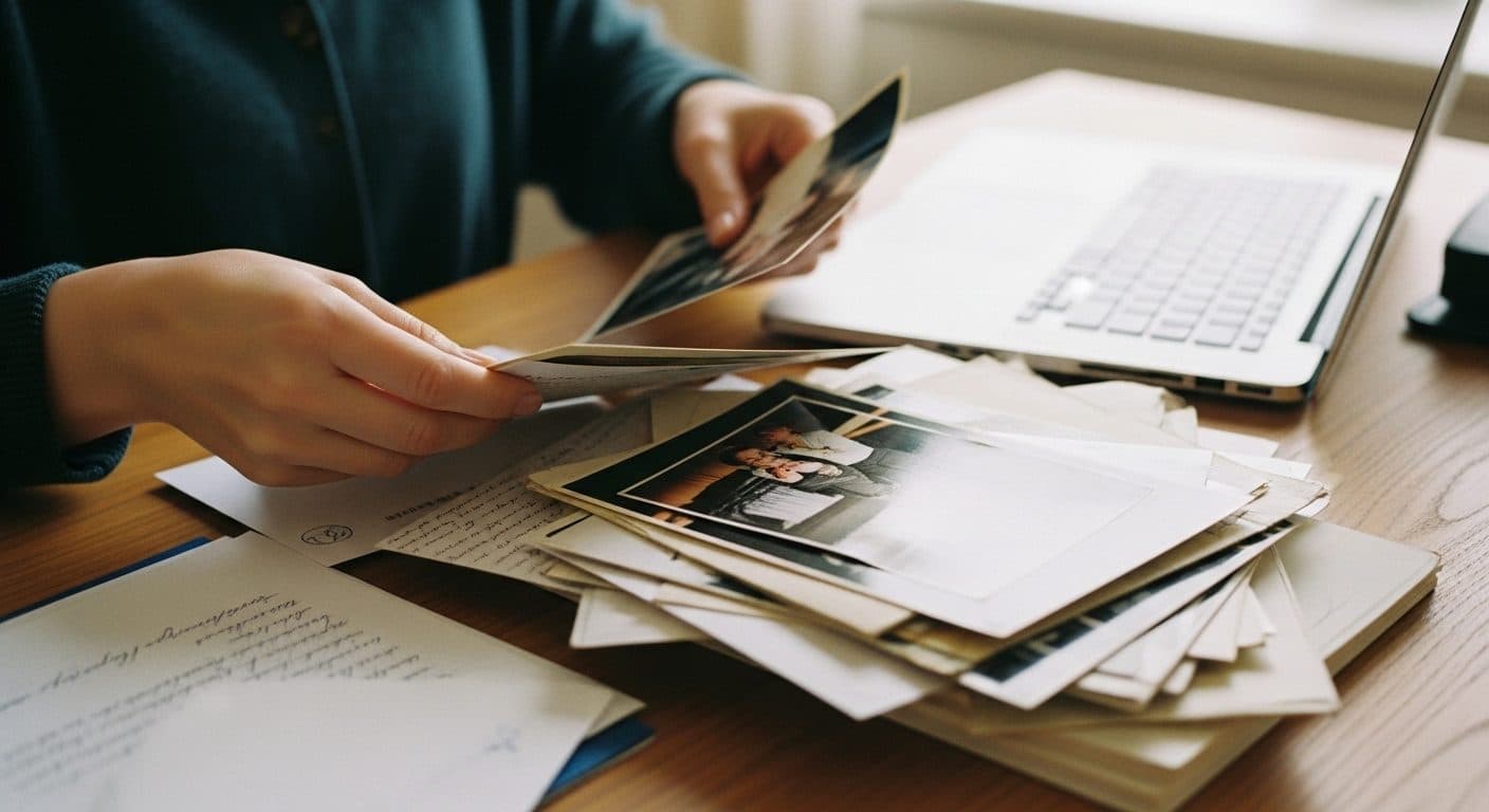 A person sorting through old printed photographs and letters beside a laptop, organizing a lifetime of memories