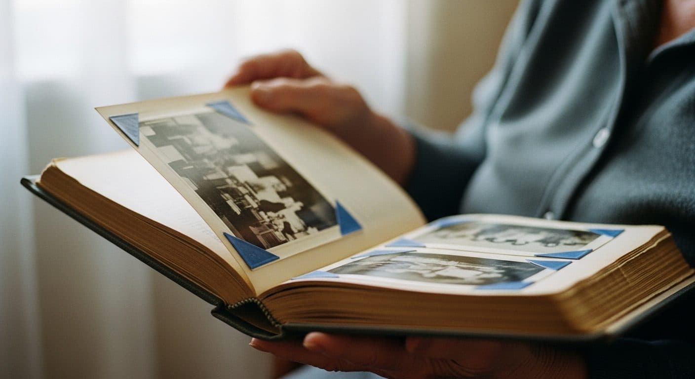Elderly hands holding open a thick old family photo album of black-and-white snapshots