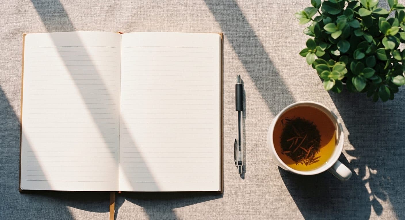 An open blank journal, a pen, herbal tea and a small plant on a linen surface