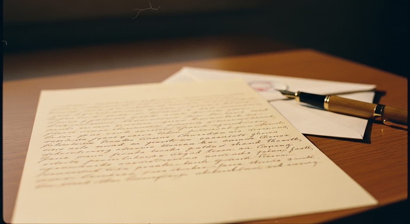 A handwritten letter on cream paper beside a fountain pen and a sealed envelope in warm light
