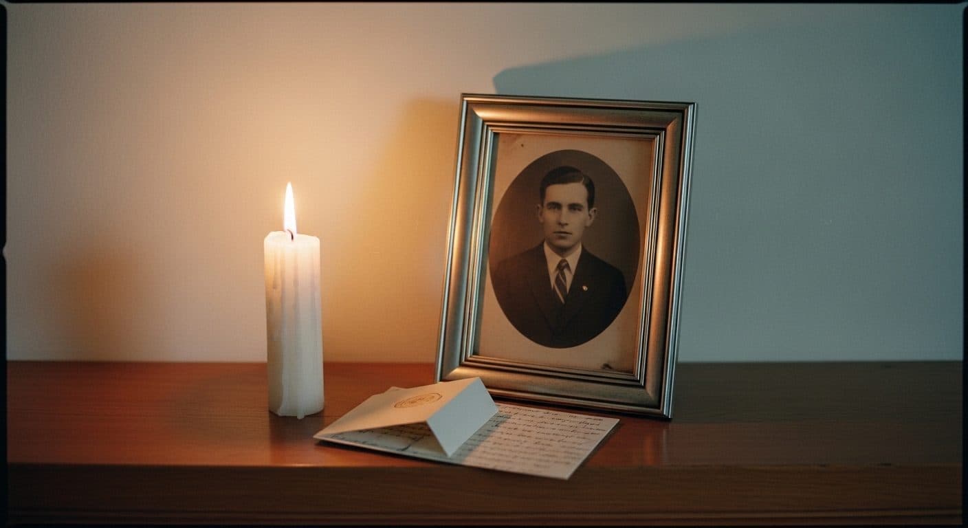 A lit candle beside a framed old portrait and a folded letter on a mantelpiece