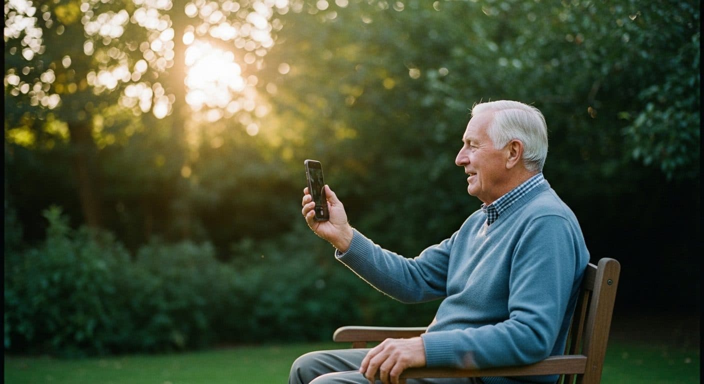 A grandfather recording a warm video message on his phone in a garden at golden hour