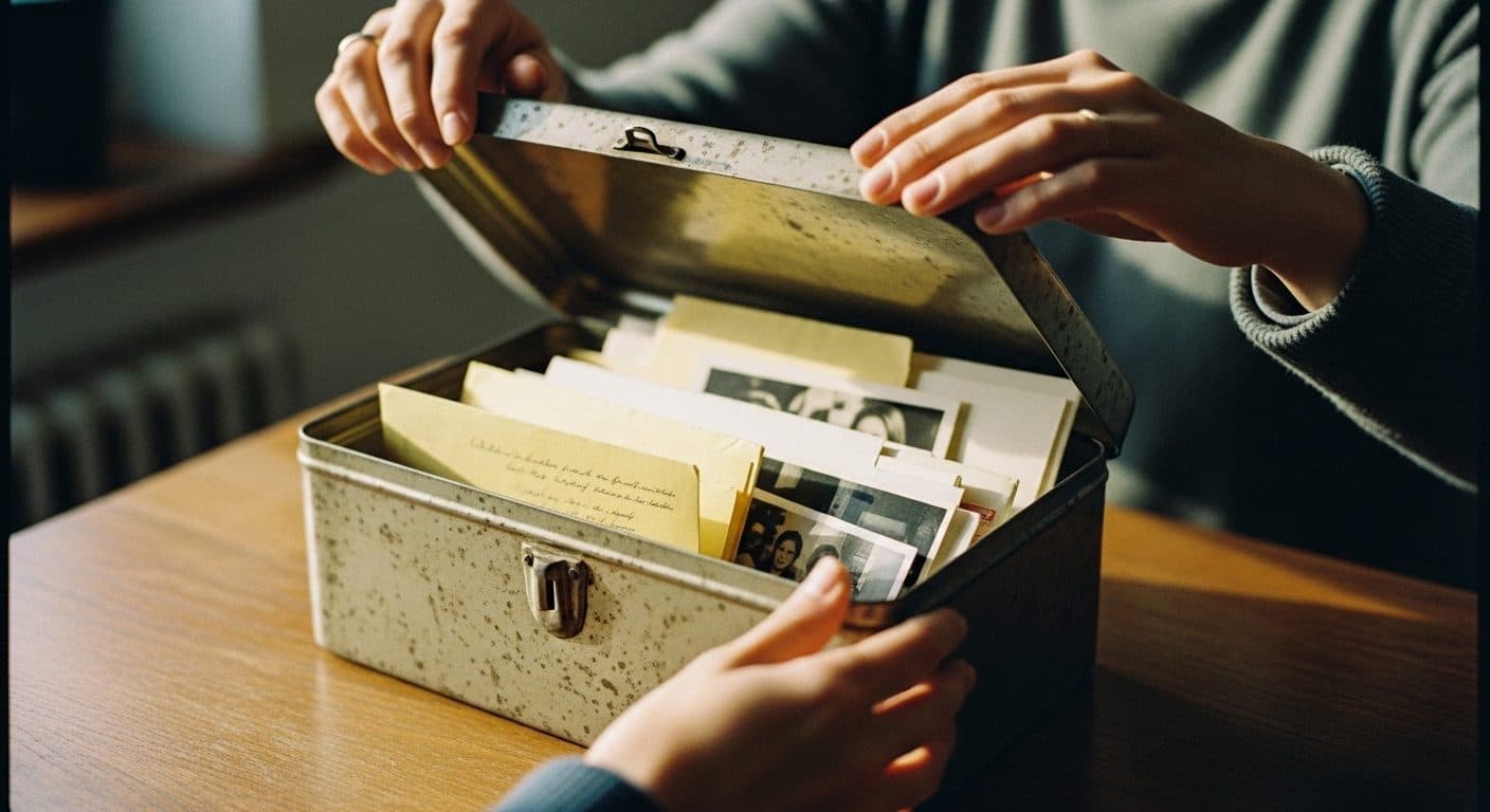 An old metal time capsule box being opened to reveal yellowed letters and photographs
