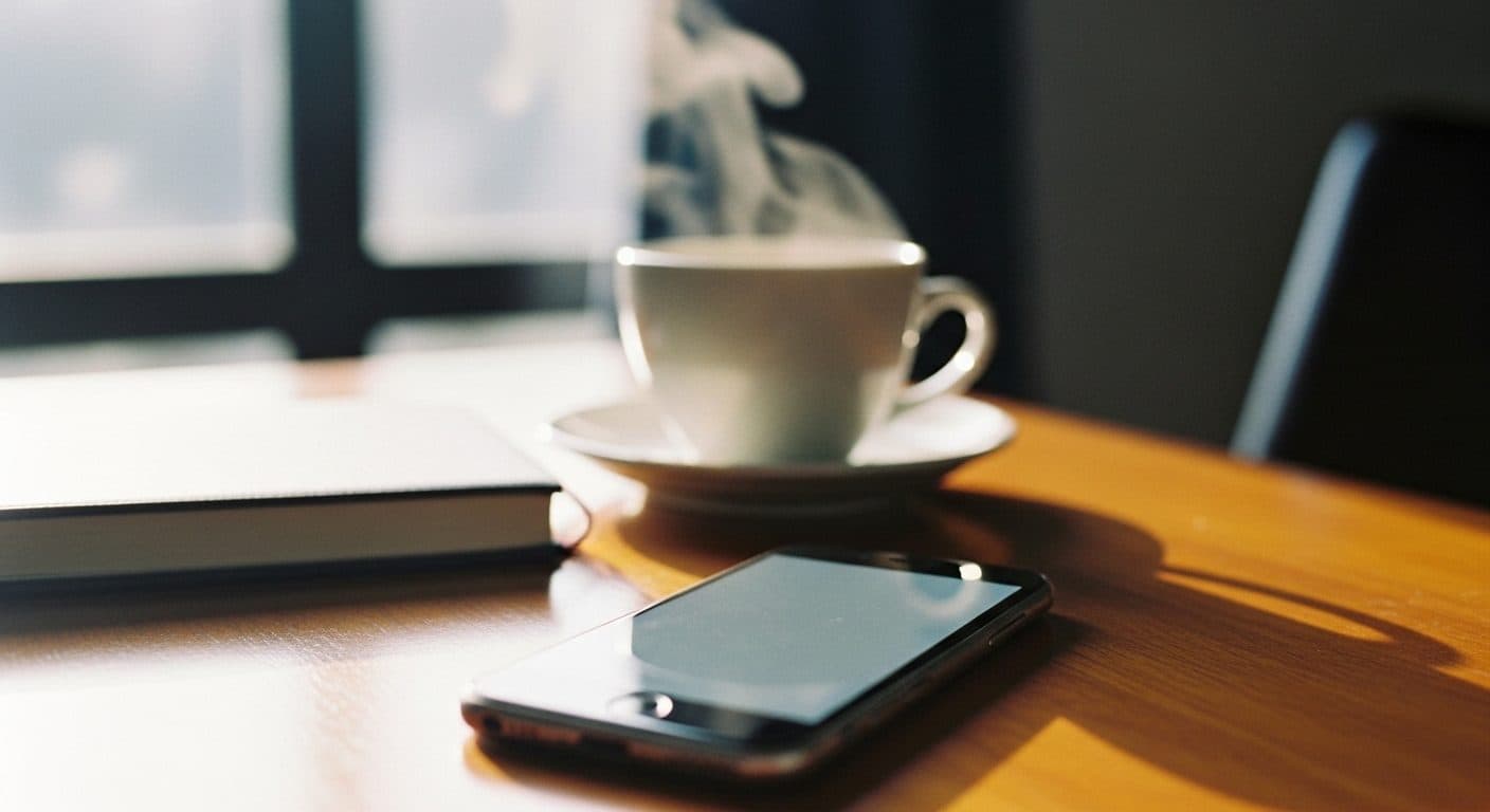 A smartphone on a wooden table beside a coffee cup in soft morning light