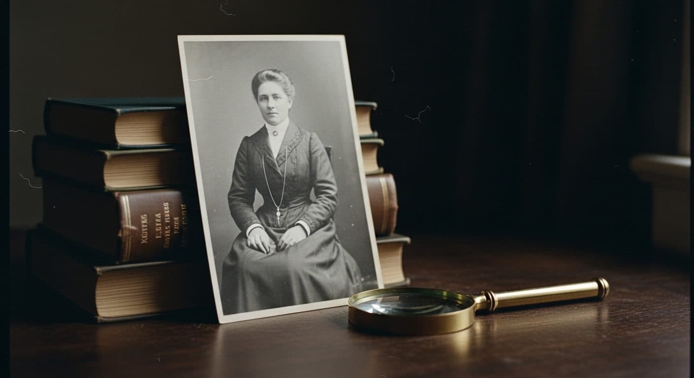 A faded black-and-white portrait of an unknown early-1900s ancestor beside a magnifying glass