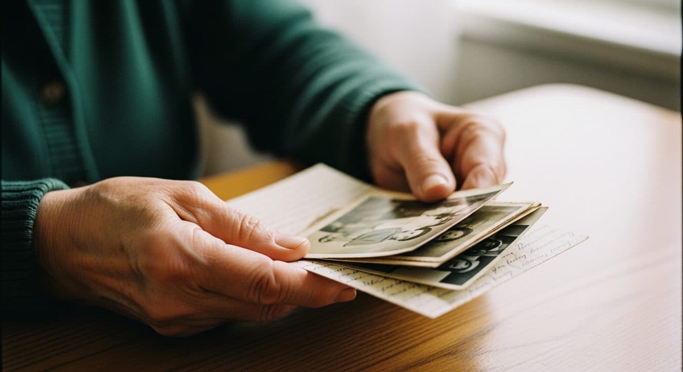 Weathered elderly hands holding a stack of faded family photographs and an old letter