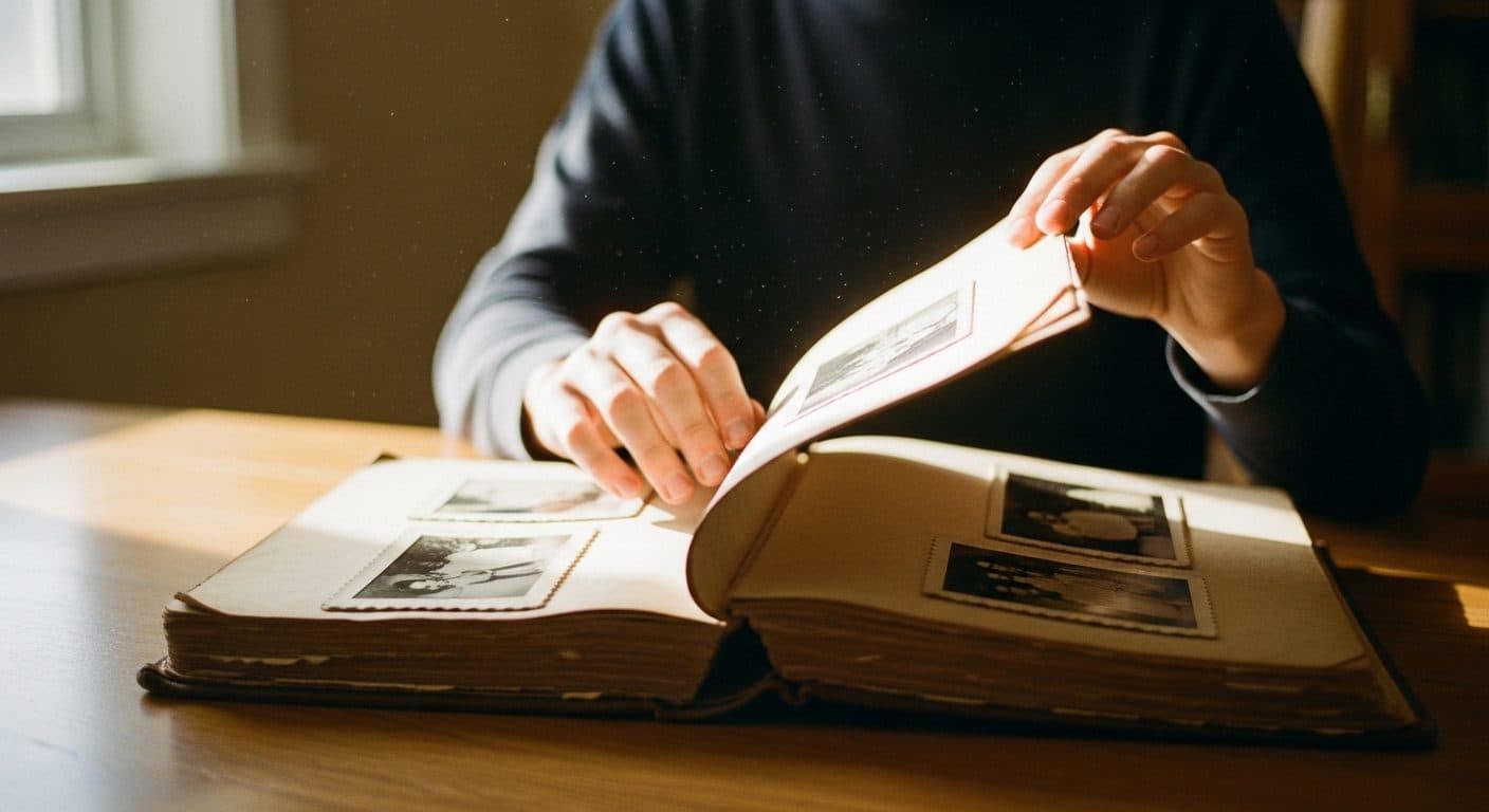 A young person's hands turning the pages of an old family photo album by warm lamplight